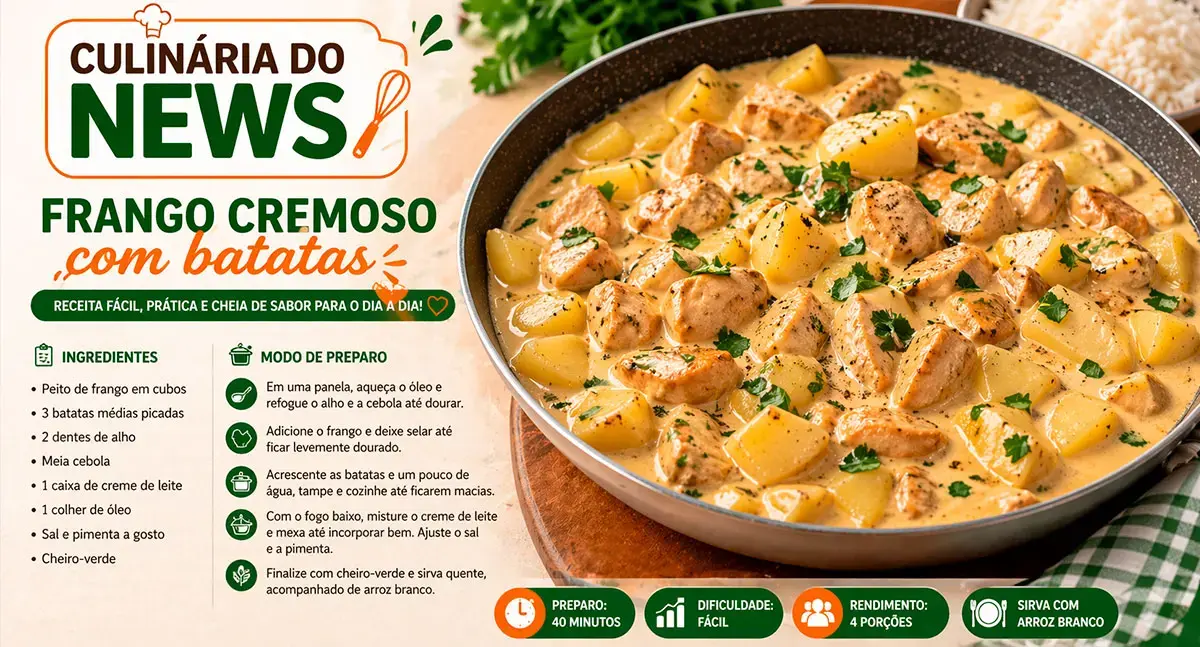 Culinária de sexta : frango cremoso com batatas é destaque prático da semana